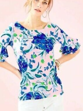 Lilly Pulitzer Lula Top Pink Tropics Sweet Pea Blue Floral Ruffle Sleeve S NEW